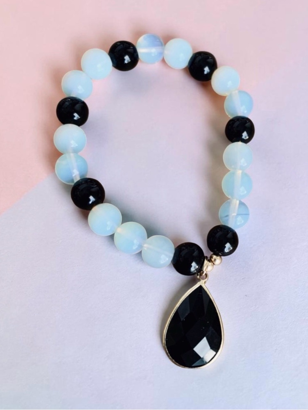 Opalite and Black Bead Stretch Bracelet with Black Teardrop Pendant